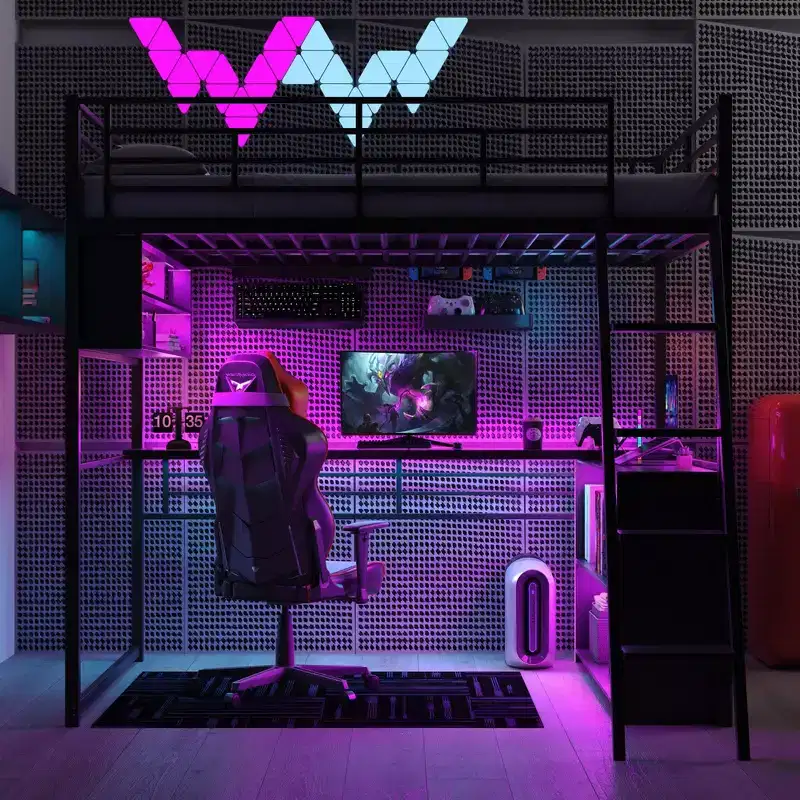 Whisen Metal Full Size Loft Bed with LED, Desk and 4 Storage Shelves
