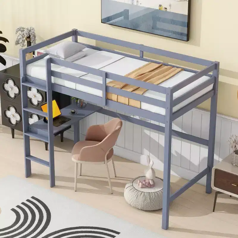 Twin Loft Bed with Desk, Loft Bed for Kids, Boys, Girls, Wooden Loft Bed Frame, Built in Desk and Ladder, Gray Rubber Wood