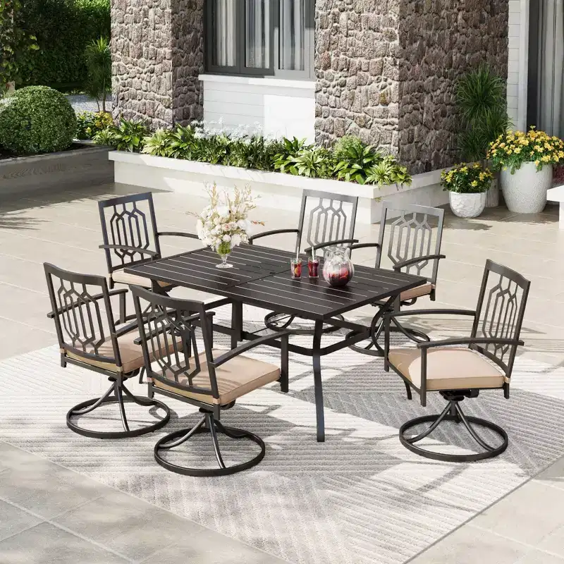 7pc Metal Patio Dining Set with Rectangular Table with Umbrella Hole & & Swivel Armrest Chairs - Captiva Designs