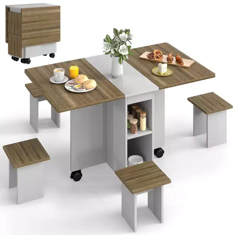 Zevemomo Folding Dining Table with 4 Chairs,with Storage & Wheels C 5-Piece Foldable Kitchen Table for Dining Room, Small Spaces & Apartment