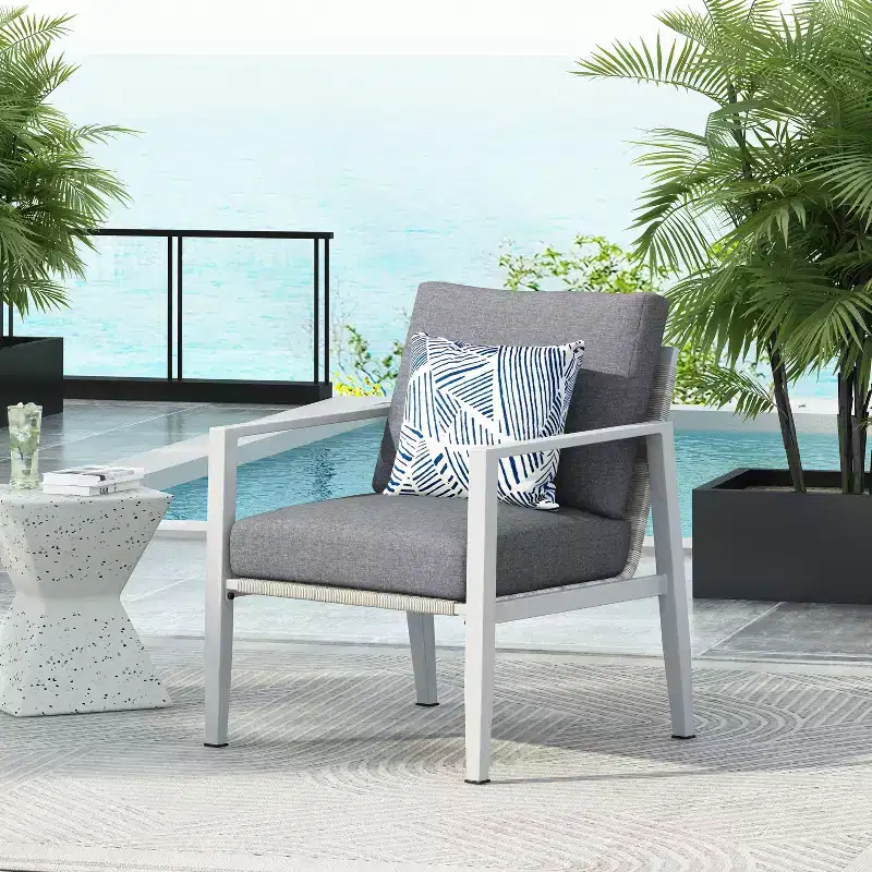 Silver Aluminum Lounge Chair with Rope Accents and Comfortable Cushions, for Modern Outdoor and Indoor Spaces