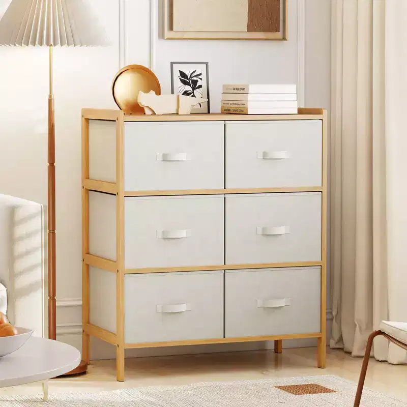 Fabric Dresser w/ 6 Drawers Bamboo Storage Tower w/ 6 Folding Fabric Bins