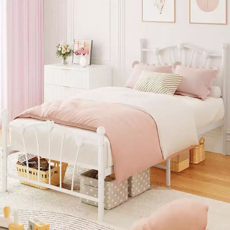 Twin Heart Shaped Metal Bed Frame - White, Platform with Headboard, Footboard and Underbed Storage