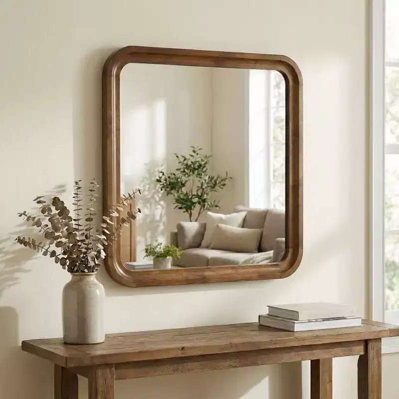 Wood Frame Square Wall Mirror, Walnut Finish, 31.5 x 31.5 Inch, Bedroom Decor