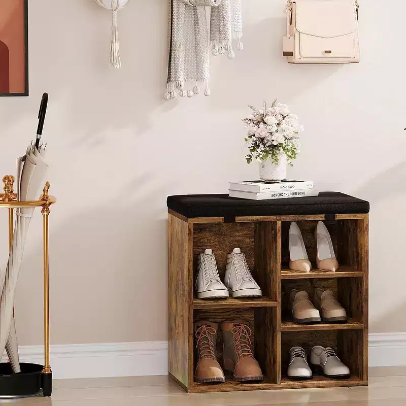 Shoe Bench with Padded Seat, Shoe Storage Bench w/Adjustable Shelves & Side Pockets, 5 Cubes Storage Organizer for Entryway, Porch, Mudroom