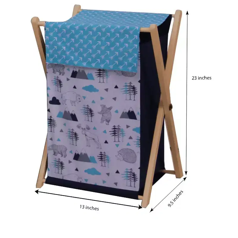 Boys Laundry Hamper with Wooden Frame – Aqua/Navy/Gray, 16x15.5x26.5 in