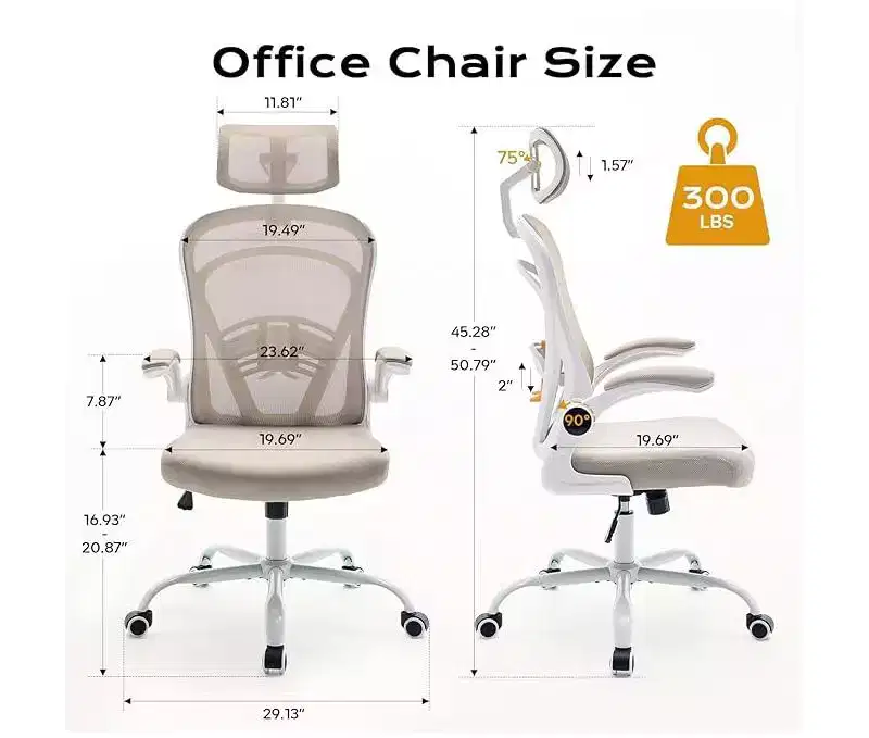 Ergonomic High-Back Mesh Office Chair  Turn-Up Armrests, Headrest, Wheels  300 lbs Capacity, Swivel Executive Computer Desk Chair