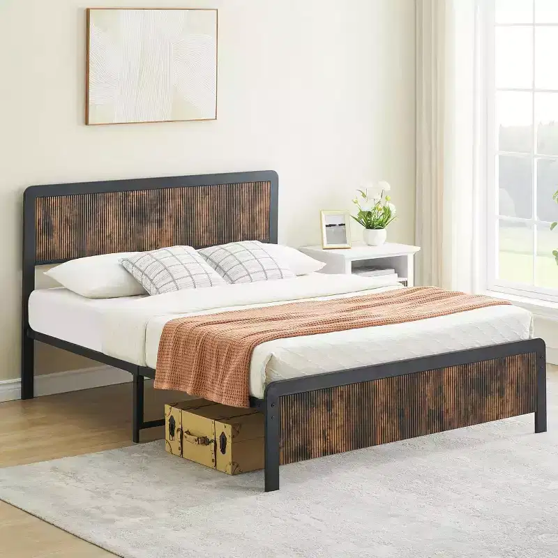 Bed Frame with Curved Wood Headboard and Footboard, Metal Slat Support, Under Bed Storage, Safe Rounded Corners, Grey