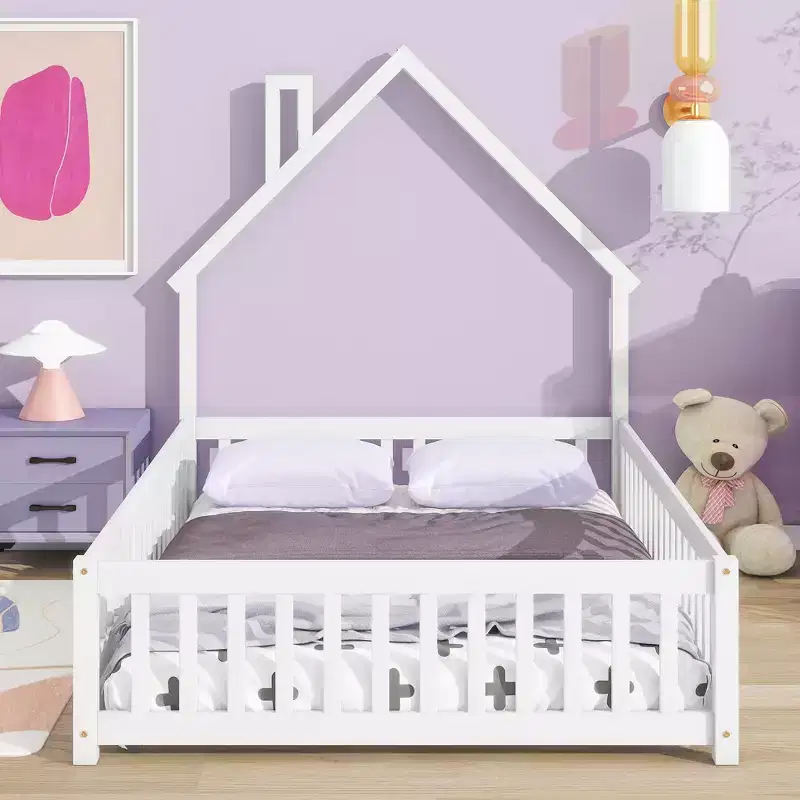 Full House-shaped Headboard Floor Bed with Fence White