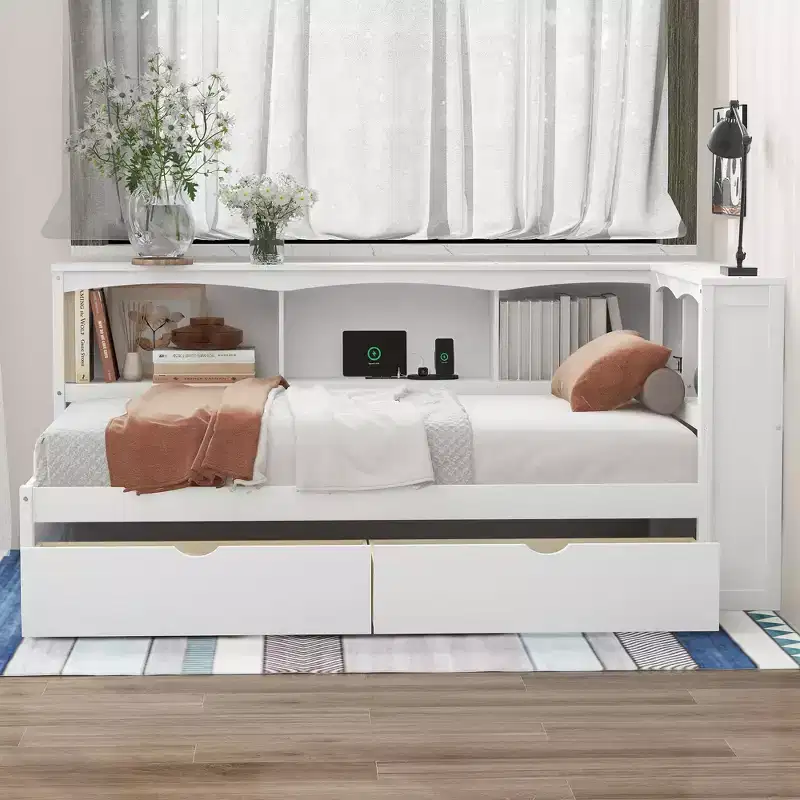 White / Wood Twin Size Daybed with Storage Drawers, Cabinets & USB Ports – 1 Person