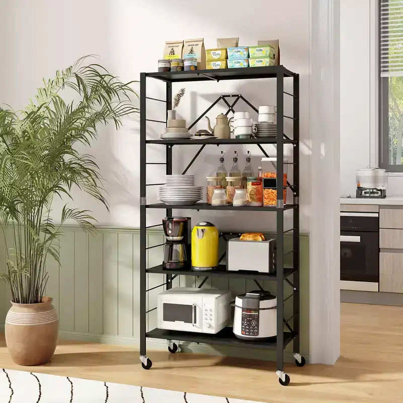 Costway 5-Tier Foldable Storage Shelf w/ Wheels Adjustable Shelves Metal Shelving Unit