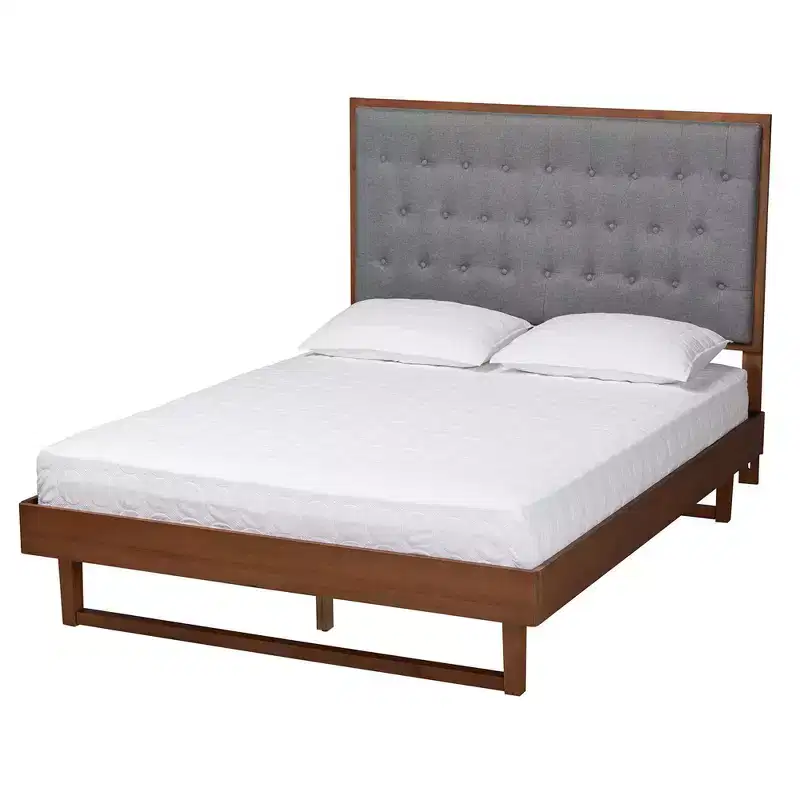 Wooden Platform Bed (Grey/Walnut Brown): Mattress base not included, with tufted headboard