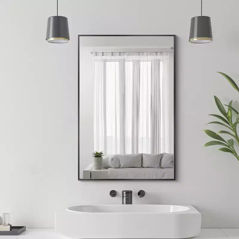 35.83x24.02x0.59in Aluminum Thin Edge Right Angle Rectangle Black Hanging Mirror