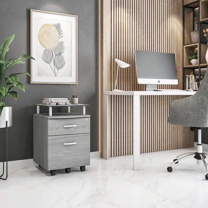 Rolling File Cabinet with Glass Top,High quality and durable, Grey