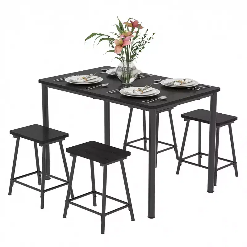 VECELO 5 Piece Dining Table & Chairs Set for 4, Kitchen Furniture MDF Board and Rectangular Metal Frame, Space-Saving, Black/Brown/Oak