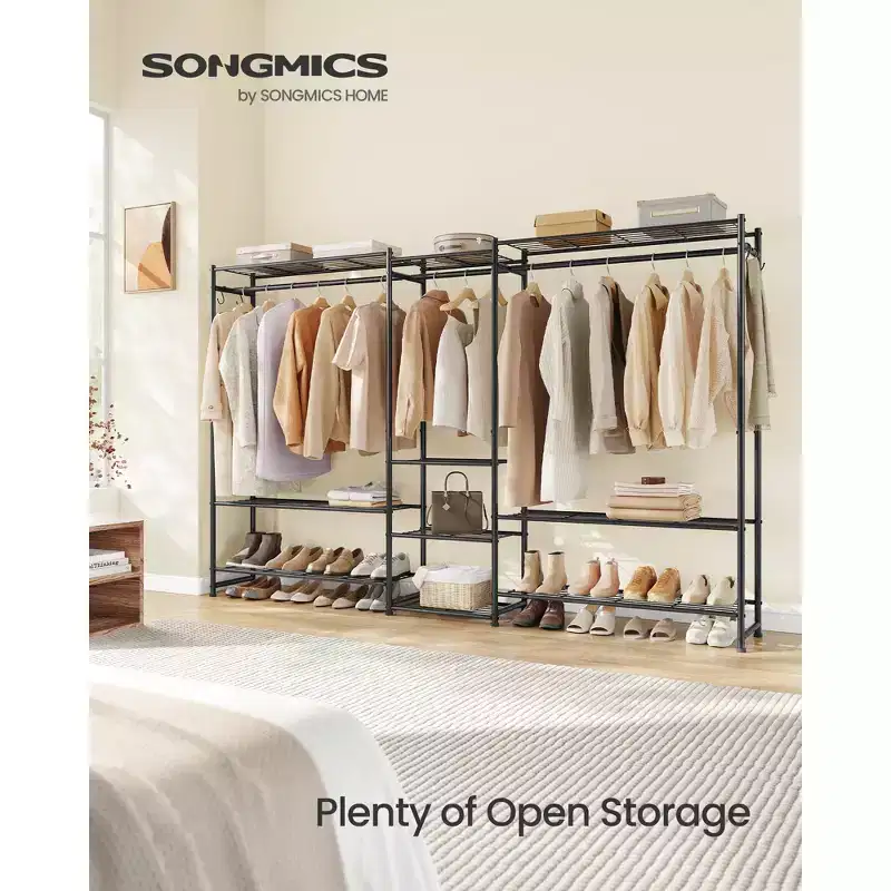 SONGMICS Portable Closet Wardrobe, Heavy-Duty Clothes Rack, Freestanding Clothing Rack with 10 Shelves, 3 Hanging Rods, 4 SHooks, Metal Frame, Black