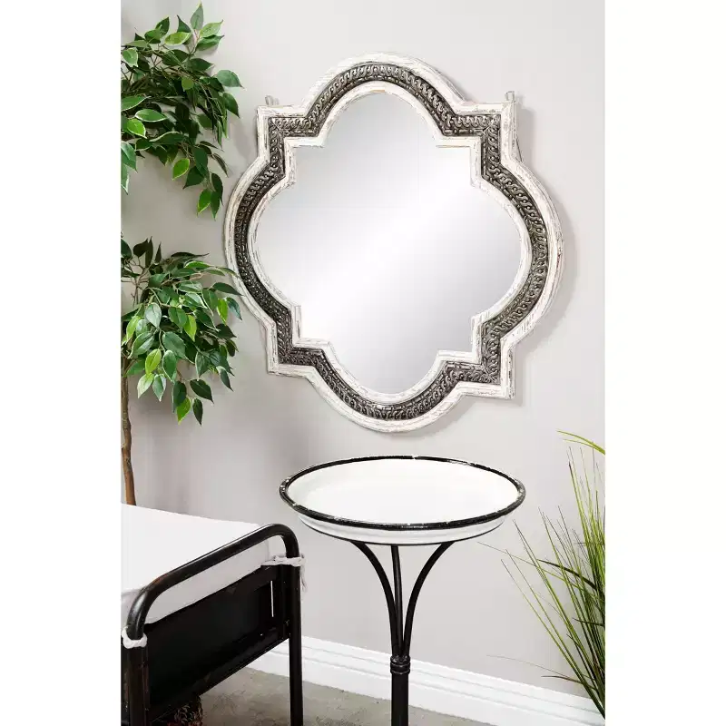 Wood Quatrefoil Wall Mirror White Baroque Iron Inlay, No Assembly Required