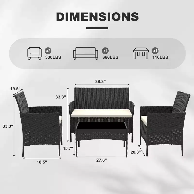 4-Piece Rattan Patio Furniture Set - Outdoor Sofa, 2 Chairs & Coffee Table with Cushions for Garden Backyard Porch