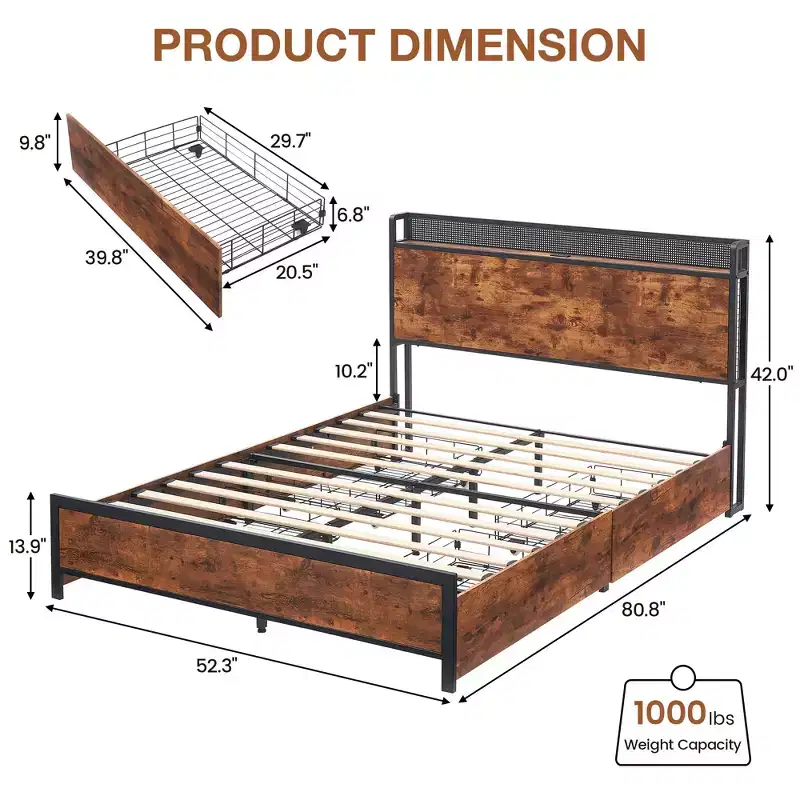 Bed Frame, 4 Drawers and Storage Headboard, Metal Platform Bed, Easy Assembly, No Box Spring Needed