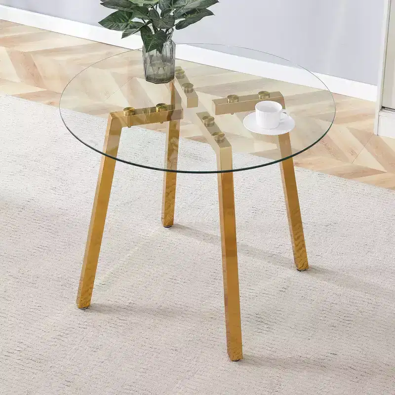 Modern Round Dining Table with Tempered Glass Top and Metal Legs for Dining Room