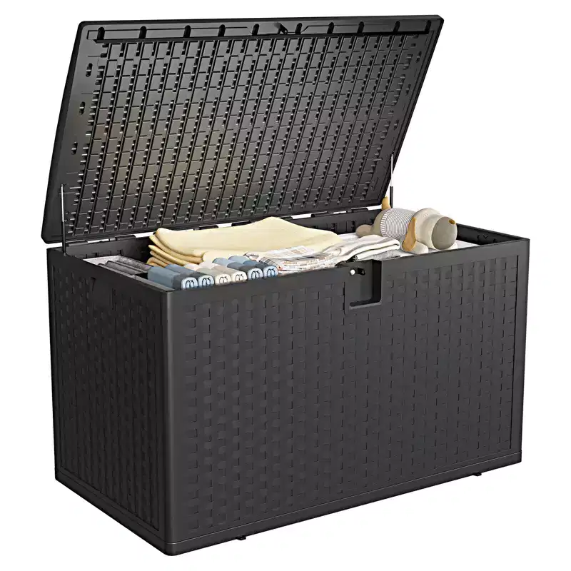 120 Gallon Waterproof Lockable Resin Outdoor Storage Box, Weatherproof Rattan Style with Side Handles, for Patio Furniture, Garden Tools