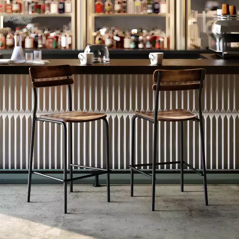Flash Furniture 2 Pack Cyprus Commercial Grade Solid Wood Bar Stools with Metal Frames and Antique Finish