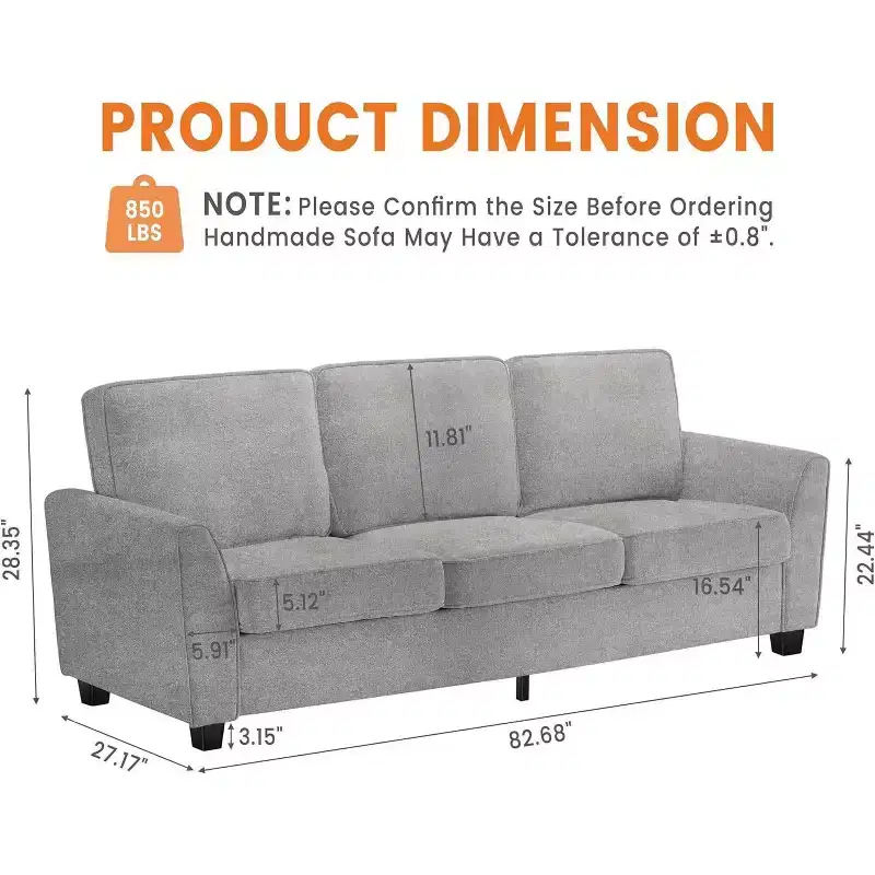 3 Seater Sofa Couch Oversized Modern Chenille 83 Inch Couch, Comfy Deep Seat Lounge Loveseat, Washable Cozy Cloud Sofa for Home Office Apartment