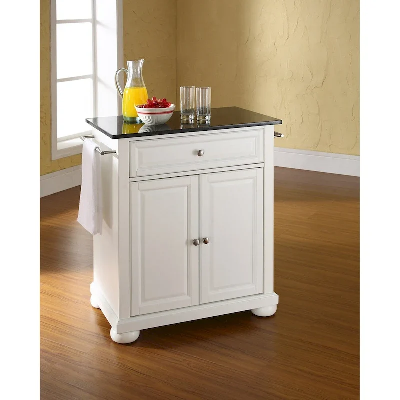 Solid Black Granite Top Portable Kitchen Island in White Finish - 18d x 31w x 33.5h