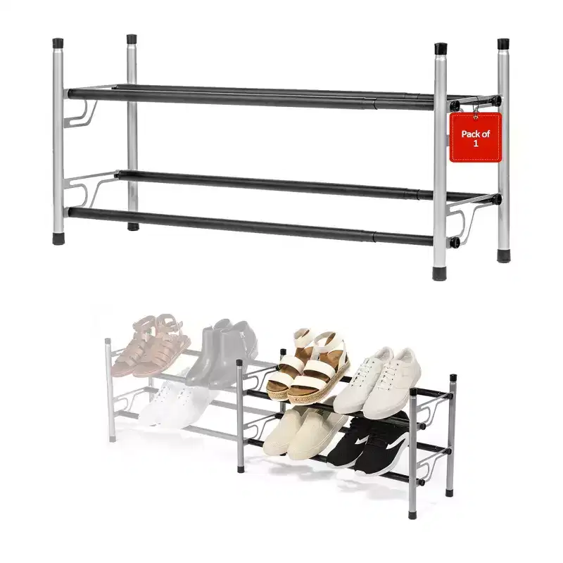 USTECH 2 Tier Shoe Rack Silver with Black Rough Bars