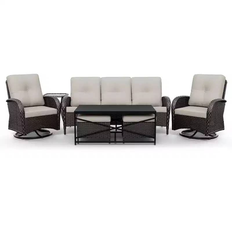 UPTIOT 7-Piece Outdoor Patio Set with 3-Seat Sofa, Two Swivel Chairs, Ottomans, Coffee & Side Tables