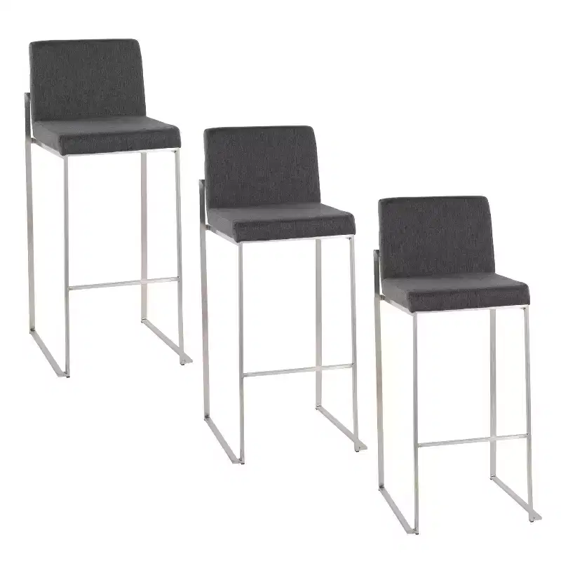 LumiSource Set of 3 Fuji High Back Barstools Stainless Steel/Charcoal Fabric