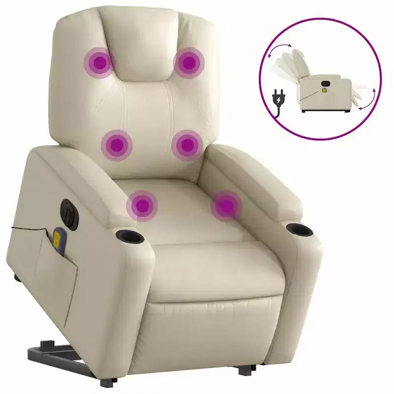 vidaXL Electric Massage Recliner Chair - Cream Faux Leather Stand-up Armchair with Vibration Massage, Power Lift, Cup Holders for Living Room Comfort