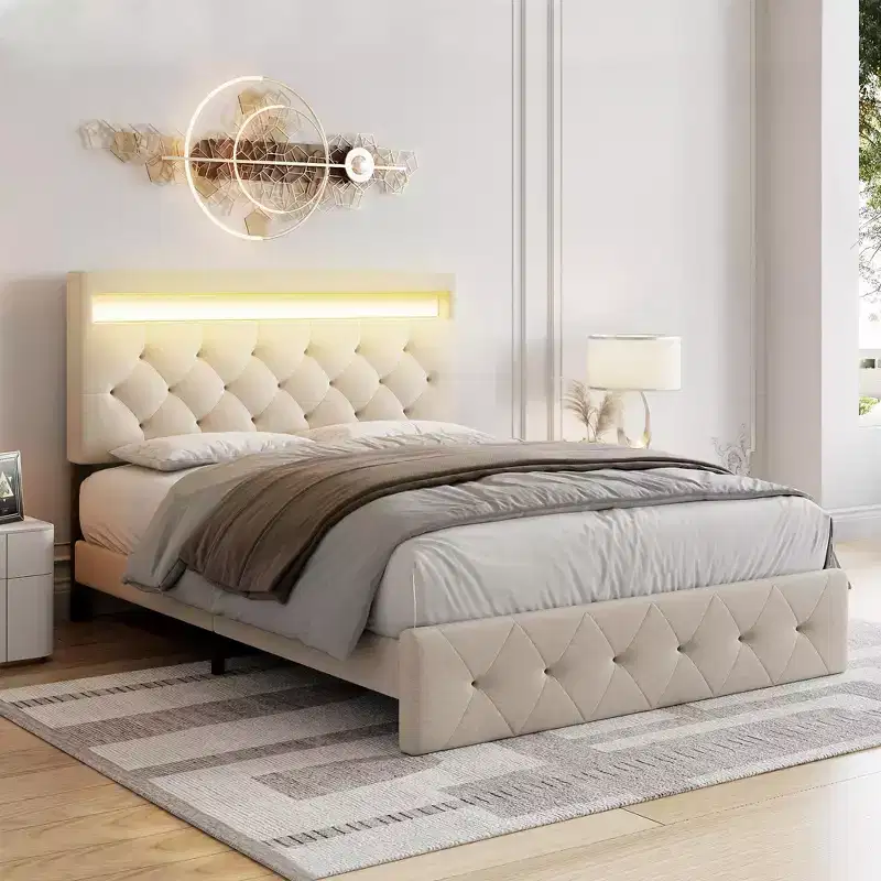 COZONY Full/Queen Upholstered Bed Frame with Adjustable Headboard & Charging Station, No Box Spring