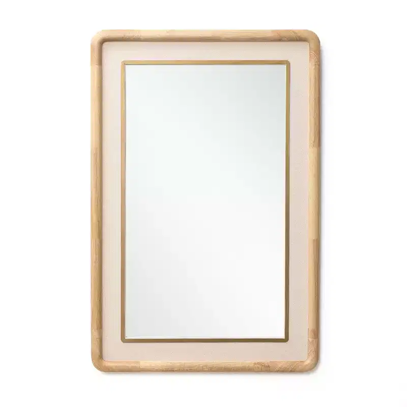 LuxenHome Rounded Rectangle Decorative Wall Mirror, 35 Rubber Wood Frame with PU Leather Accent Brown