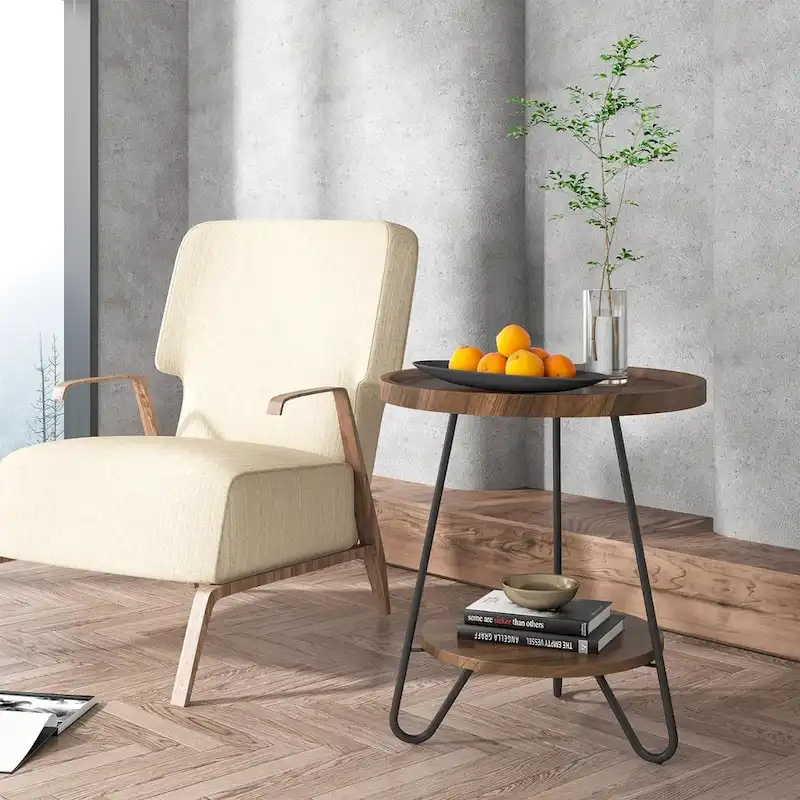 2-Tier Round Side Table, Wooden End Table with Metal Legs