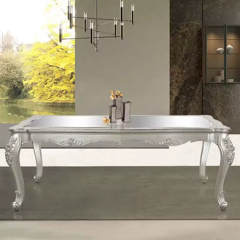 96-inch rectangular dining table (champagne finish) — elegant style, seats eight.