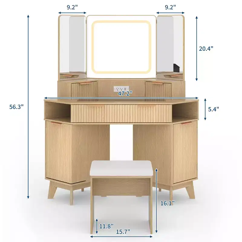 Corner Vanity Desk with Glass Top, Modern Fluted Makeup Table with Mirror & Chair, Space-Saving for Bedroom