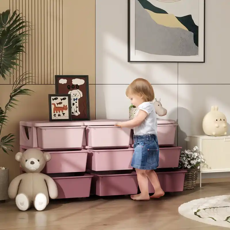 Kids Toy Storage Organizer With 9 Plastic Bins, 3 Tier Drawer Chest Utility For Kids Bedroom Nursery Kindergarten Living Room For Boys Girls Toddlers