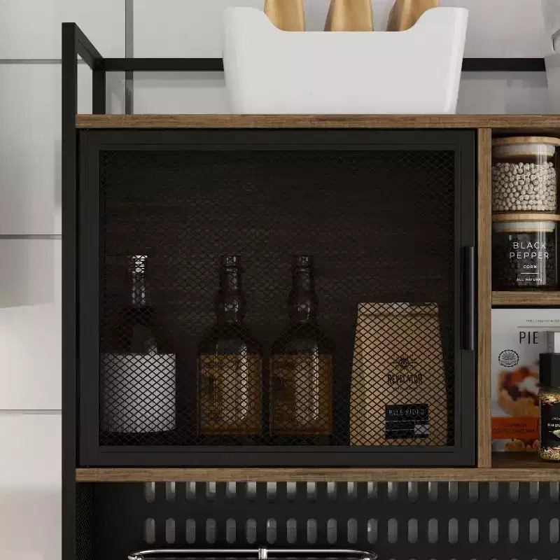 Famapy Brown Woodgrain Multifunctional Kitchen Cabinet Kitchen Sideboard with Hanging Shelf Display Shelf
