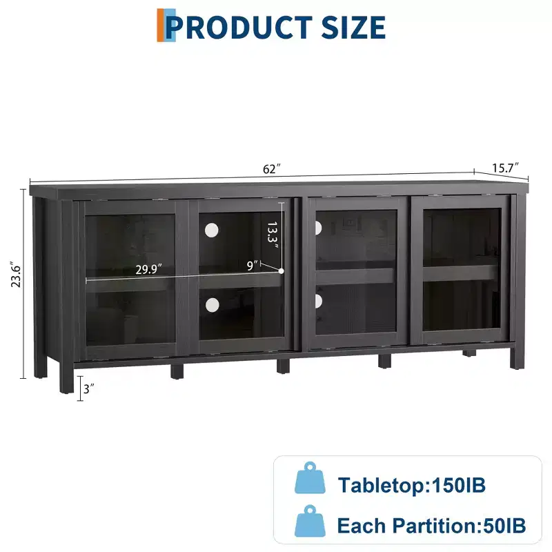 Garvee TV Stand for 65 Inch, Entertainment Center with Storage Cabinet and 4 Sliding Glass Doors, Console Table for Living Room Bedroom