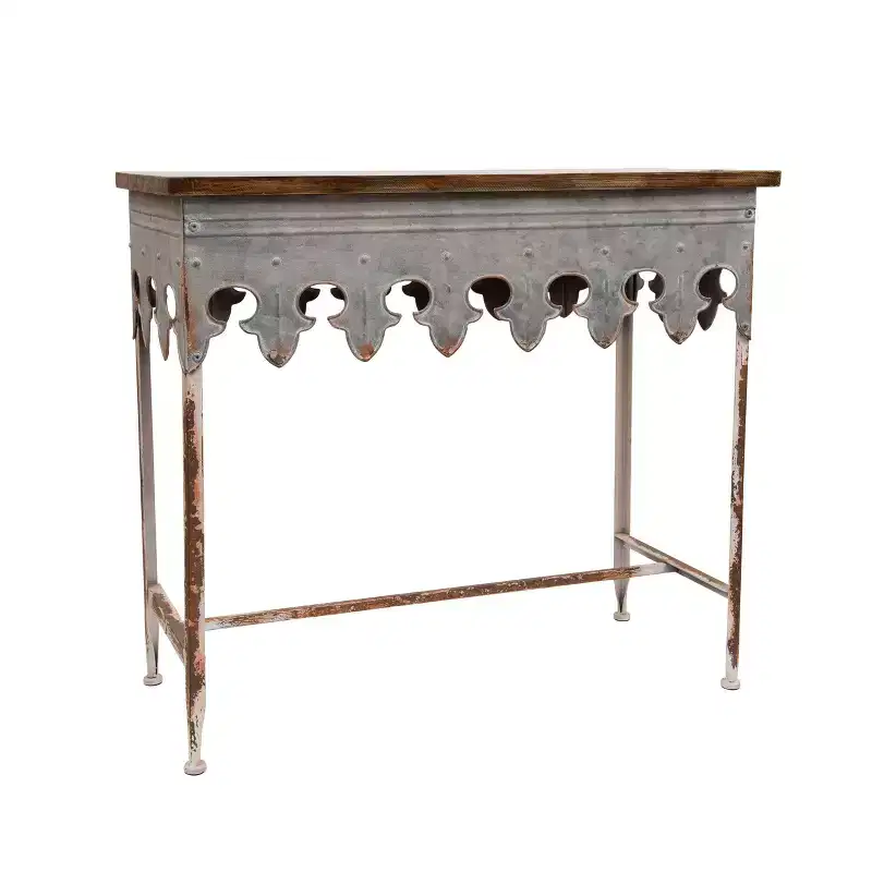 Scalloped Sofa Table Silver: Farmhouse Zinc-Finish, Fir Wood Top, 44 lbs Capacity
