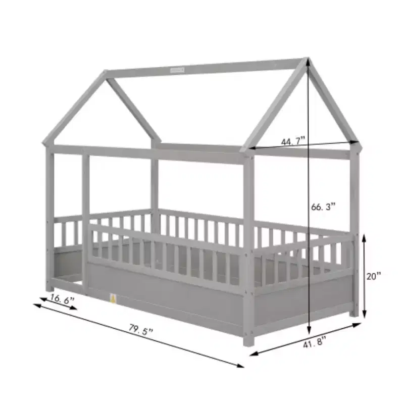 One-person Measure Low-level Wooden Bed equipped features House Roof Frame, Fence Guardrails