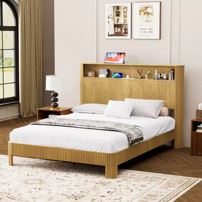 ModernLuxe Queen/Full XL Size Bed Frame with Storage Headboard, Built-in Charging Station, Wavy Design, Quiet Support
