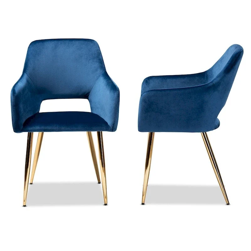 Glam Upholstered Dining Chair Set of 2 - Navy Blue Velvet with Gold Legs