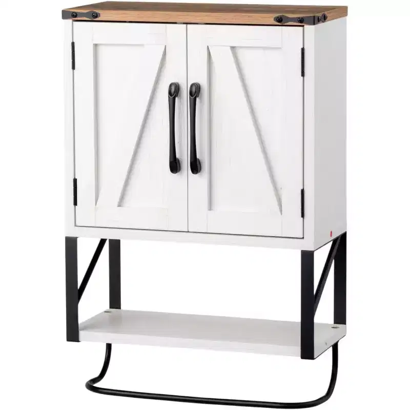 Bathroom Wall Cabinet with Tower Bar Farmhouse Small Cute Medicine Cabinet Over Toilet Storage Organizer with Tower Bar Rustic White & Brown