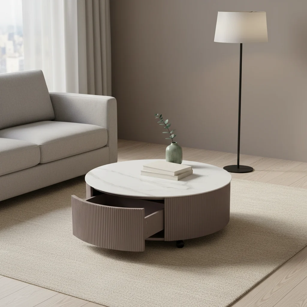 31.5 Modern Round Coffee Table with White Stone Top, Storage and Casters - Grey-Taupe