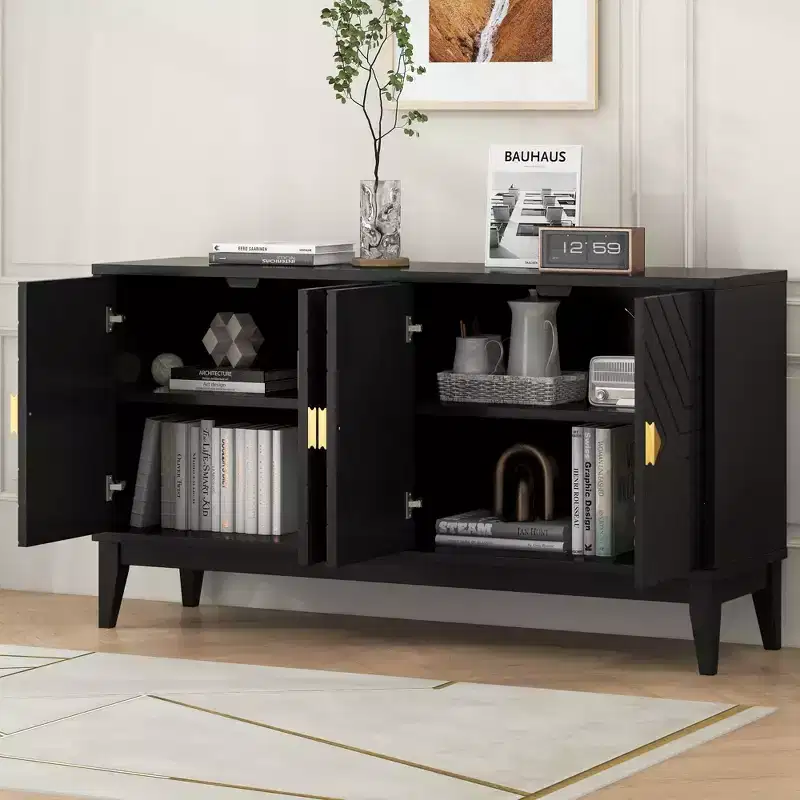 Okak Modern Sideboard Cabinet, Buffet Cabinet with 4 Curved Patten Doors, Storage Cabinet for Living Room, Dining Room, Kitchen, Black