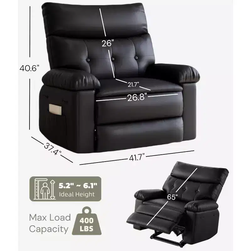 Oversized Manual Recliner Chair, Large PU Leather Lazy Chair for Adults with 1.5X Sponge Filling, Heat & Massage Functions - Black