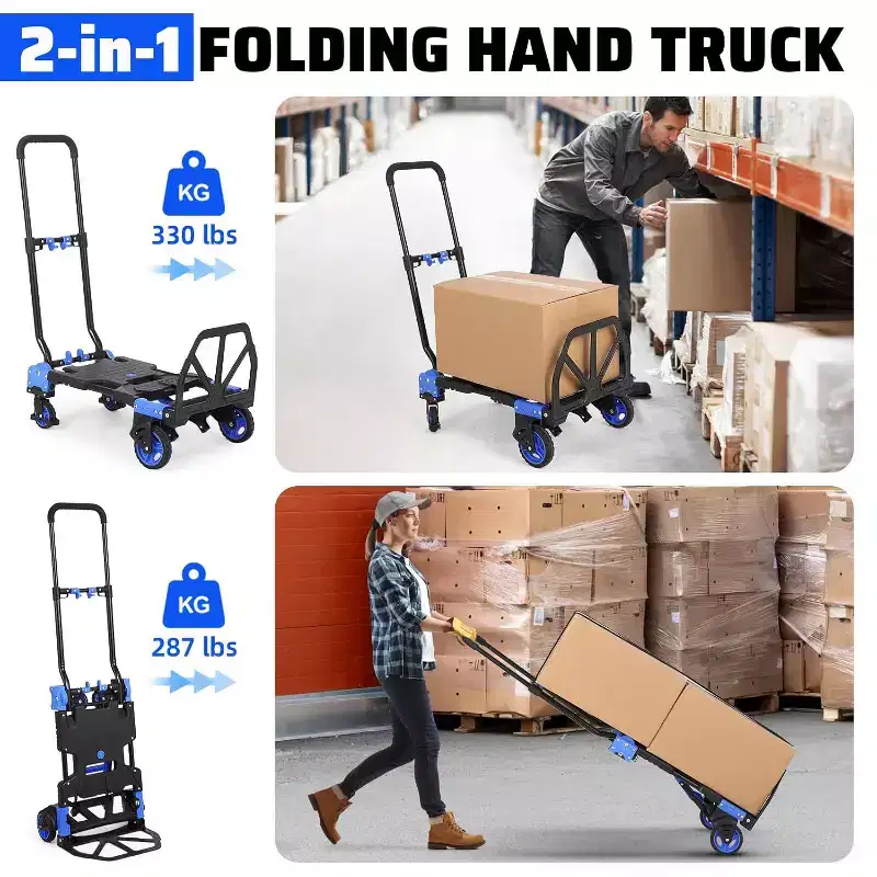 2-in-1 Folding Hand Truck Dolly with Foldable Basket, 330 lb Capacity