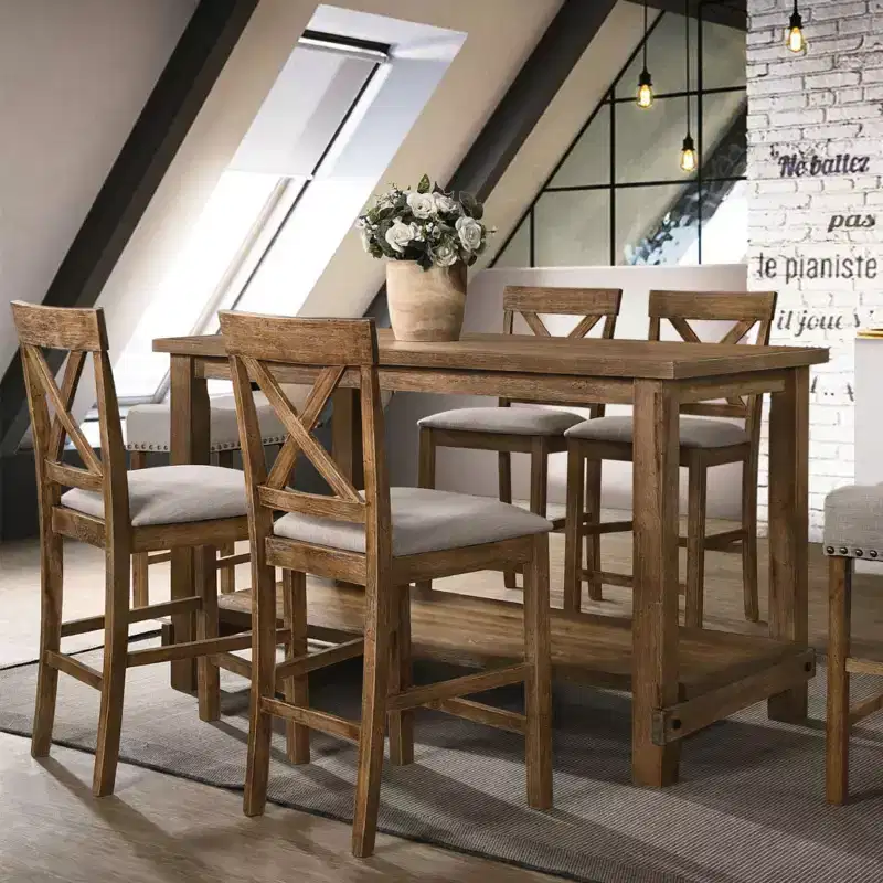 Simple Relax Set of 2 Linen Upholstered Counter Height Chairs in Tan and Weathered Oak